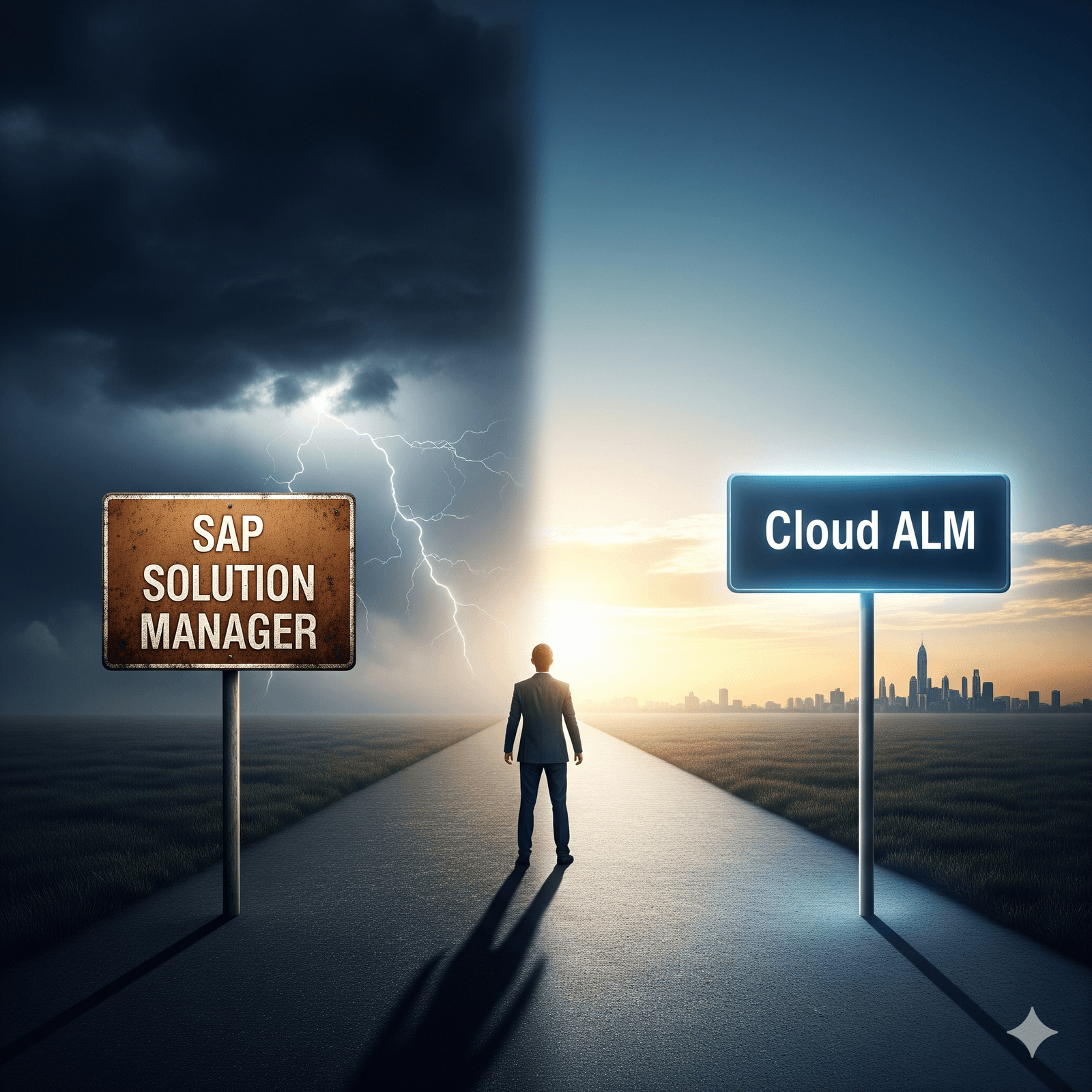 A conceptual image showing a man in a business suit viewed from behind, standing on a road that is dramatically split into two distinct, contrasting paths.  On the left side, the sky is dark, heavily clouded, and filled with prominent jagged lightning. In this shadowed area, a rusted, weathered sign stands on a post, bearing the text "SAP SOLUTION MANAGER".  On the right side, the sky is clear, featuring a bright, optimistic sunrise or sunset over a modern city skyline. In this illuminated area, a clean, modern, and glowing blue sign stands on a post, bearing the text "Cloud ALM". The man appears to be facing a choice between the two paths.